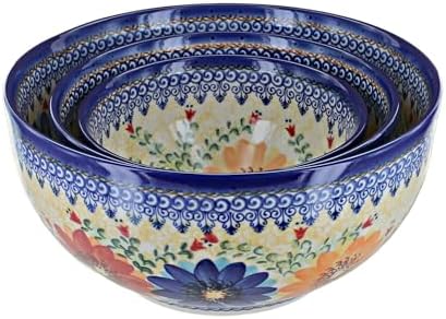 Blue Rose Polish Pottery – Orange Autumn Burst 3 PC Mixing Bowl Set – 3 Mixing Bowls – Polish Pottery Ceramic Bowl for Baking, Mixing & Serving