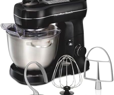Hamilton Beach 4 Qt Electric Stand Mixer With 7 Speeds, Easy-Carry Handle | Planetary Mixing For Full Bowl Coverage | Splash Guard | 300 Watts | Whisk, Flat Beater, Dough Hook | Mixing Guide | Black