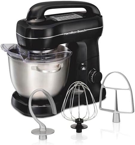 Hamilton Beach 4 Qt Electric Stand Mixer With 7 Speeds, Easy-Carry Handle | Planetary Mixing For Full Bowl Coverage | Splash Guard | 300 Watts | Whisk, Flat Beater, Dough Hook | Mixing Guide | Black