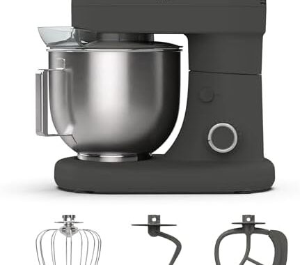 Martha Stewart 5.3QT Tilt Head Stand Mixer, 12 Speeds, Stainless Steel Bowl | Dough Hook, Stainless Whisk, Beater, Removable Splash Shield, Bread, Cake & Whipping, Electric Kitchen Mixer, Caviar Gray