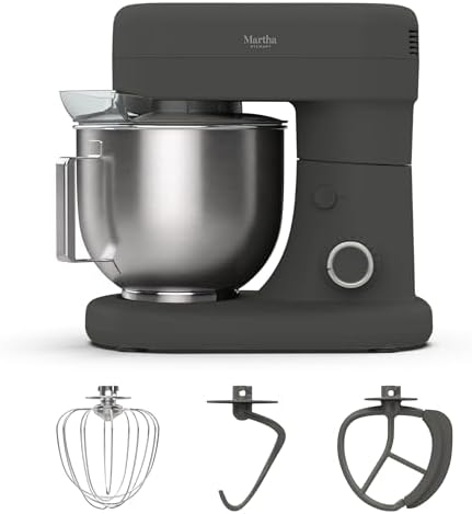 Martha Stewart 5.3QT Tilt Head Stand Mixer, 12 Speeds, Stainless Steel Bowl | Dough Hook, Stainless Whisk, Beater, Removable Splash Shield, Bread, Cake & Whipping, Electric Kitchen Mixer, Caviar Gray