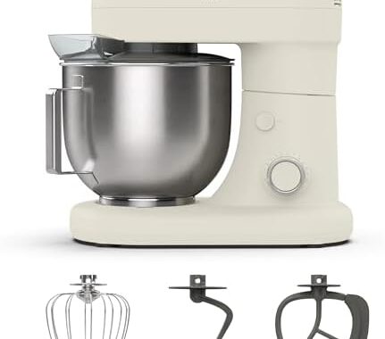 Martha Stewart 5.3QT Tilt Head Stand Mixer, 12 Speeds, Stainless Steel Bowl | Dough Hook, Stainless Whisk, Beater, Removable Splash Shield, Bread, Cake & Whipping, Electric Kitchen Mixer, Linen Cream