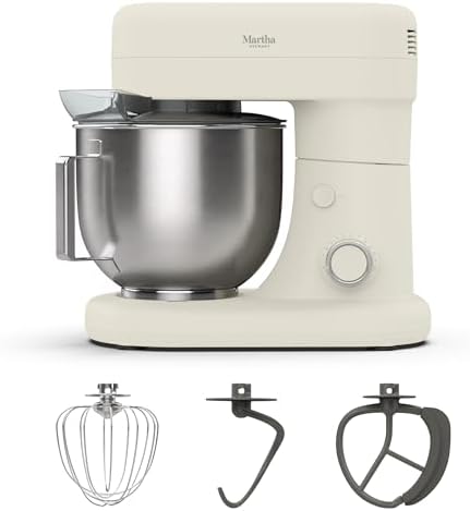Martha Stewart 5.3QT Tilt Head Stand Mixer, 12 Speeds, Stainless Steel Bowl | Dough Hook, Stainless Whisk, Beater, Removable Splash Shield, Bread, Cake & Whipping, Electric Kitchen Mixer, Linen Cream