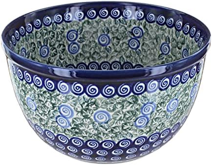 Blue Rose Polish Pottery – Green Seaside Swirl Medium Mixing Bowl – 8 Cup Capacity – Polish Pottery Ceramic Bowl for Baking, Mixing & Serving