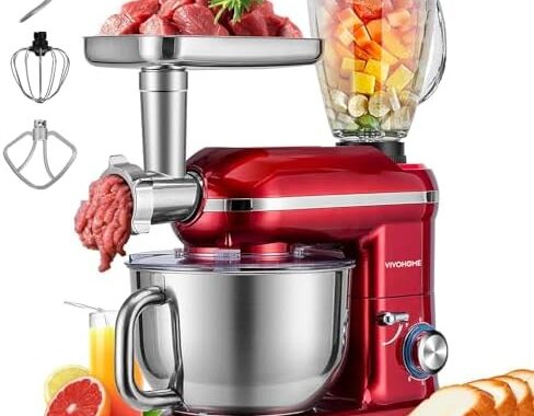 VIVOHOME 3-in-1 Stand Mixer, 6-Quart Tilt-Head Mixer, 10 Speeds, Red | Meat Grinder & Glass Blender Jar, Stainless Steel Bowl, Dough Hook, Beater, Whisk, Splash Guard, Egg Separator