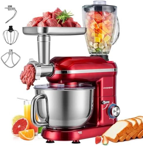 VIVOHOME 3-in-1 Stand Mixer, 6-Quart Tilt-Head Mixer, 10 Speeds, Red | Meat Grinder & Glass Blender Jar, Stainless Steel Bowl, Dough Hook, Beater, Whisk, Splash Guard, Egg Separator
